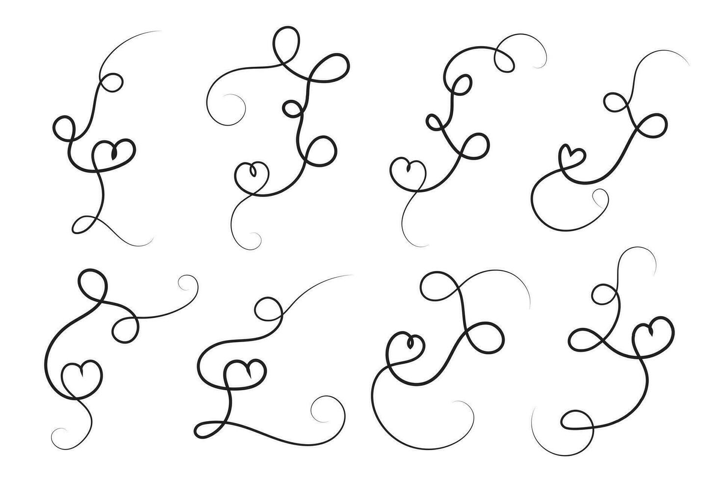 hand-drawn thin line heart swirl ornate, wavy line decorative hearts, calligraphy heart swirl Flourish ornament, outline doodle love Valentine Day design elements, continuous line swirl hearts vector