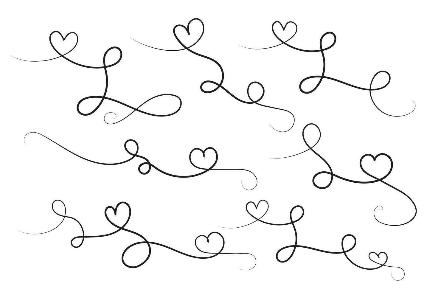 hand-drawn thin line heart swirl ornate, wavy line decorative hearts, calligraphy heart swirl Flourish ornament, outline doodle love Valentine Day design elements, continuous line swirl hearts vector