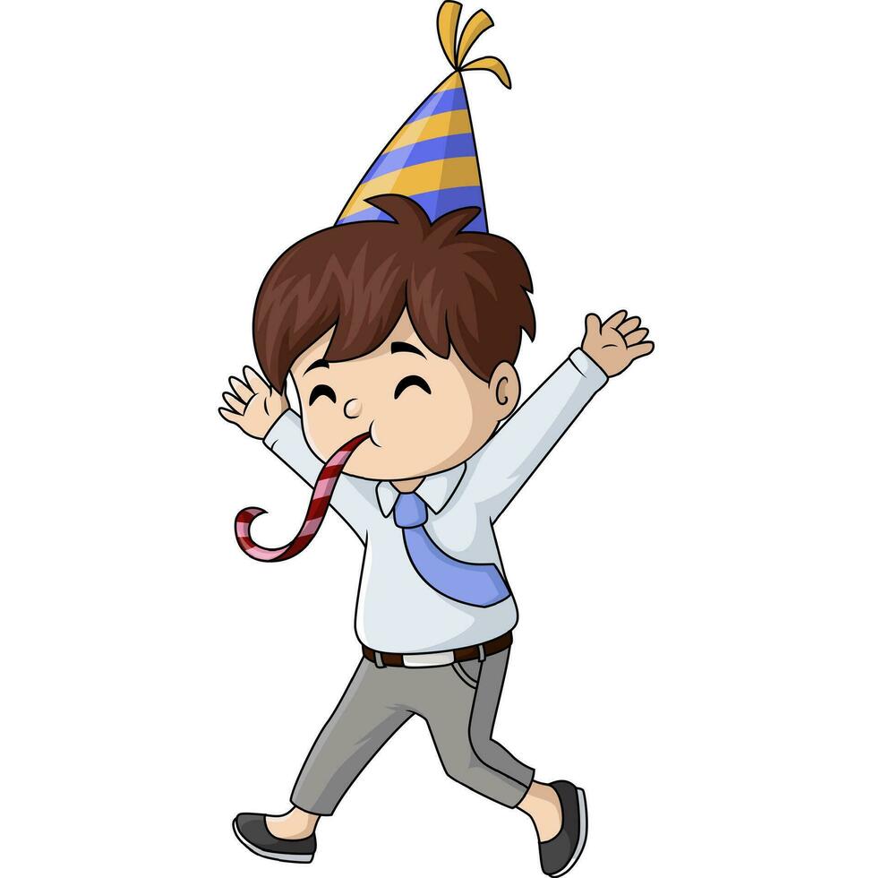 Cute little boy cartoon celebrating with party horn vector