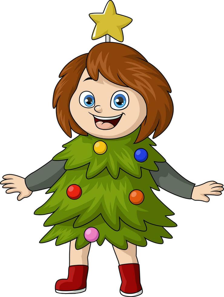 Cute little girl cartoon wearing christmas tree costume vector