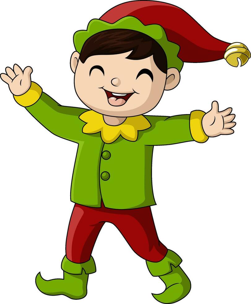 linda Navidad duende dibujos animados ondulación mano vector