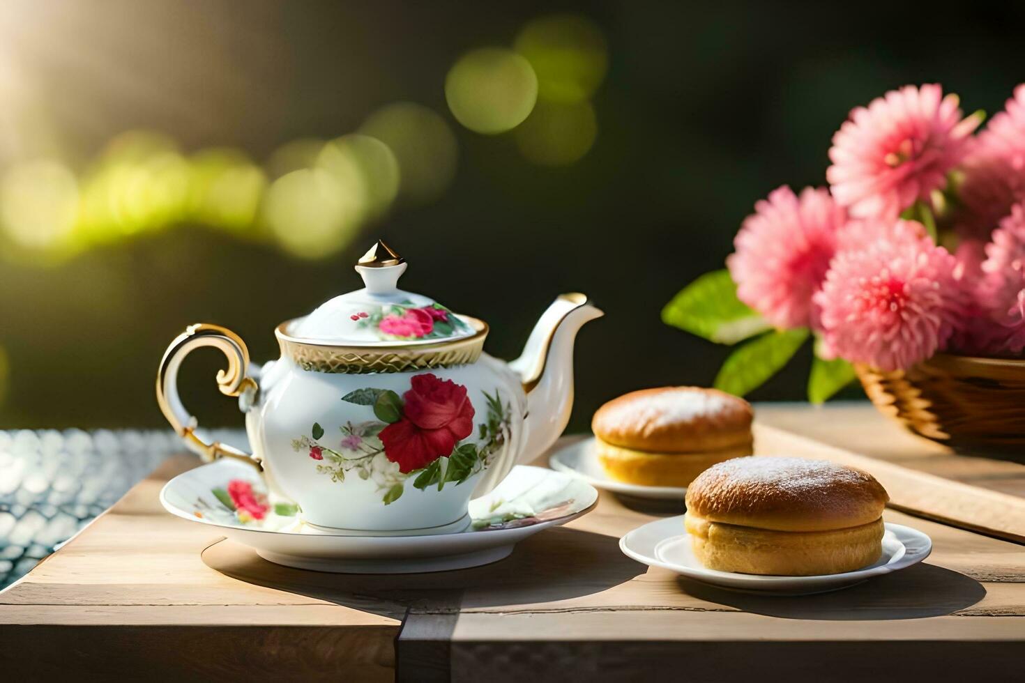 AI generated tea and biscuits on wooden table in garden photo