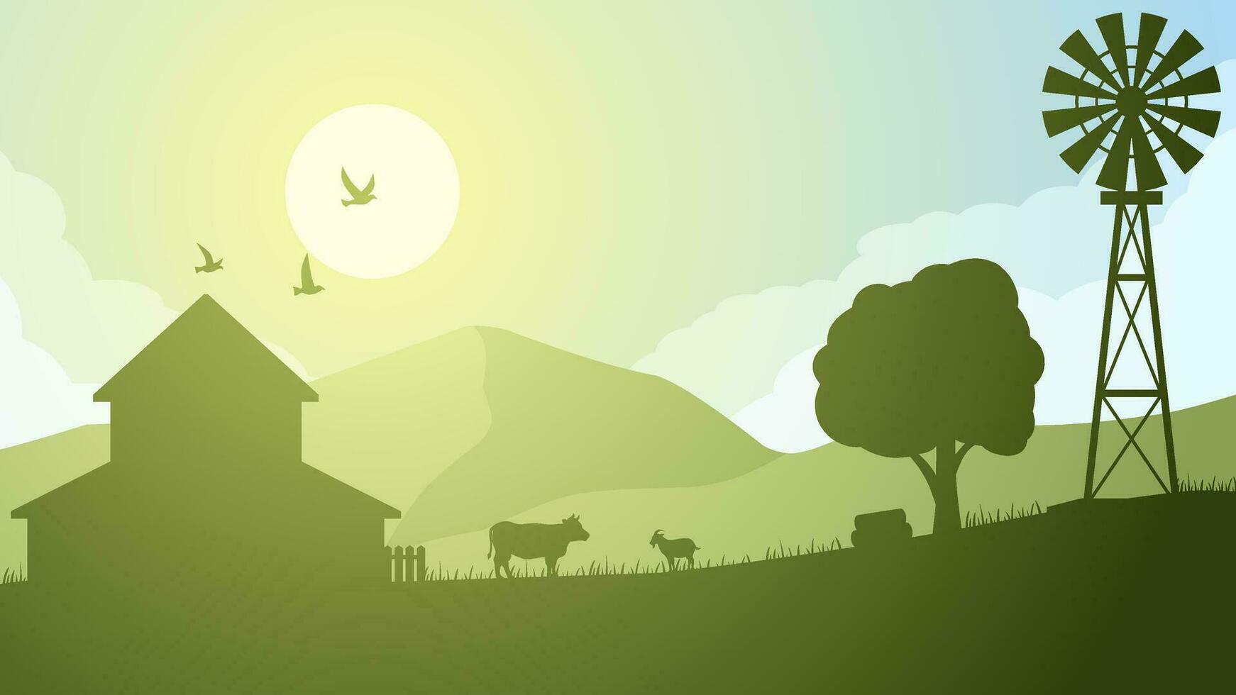 Farmland silhouette landscape vector illustration. Scenery of livestock cow and goat in the countryside farm. Rural landscape for illustration, background or wallpaper