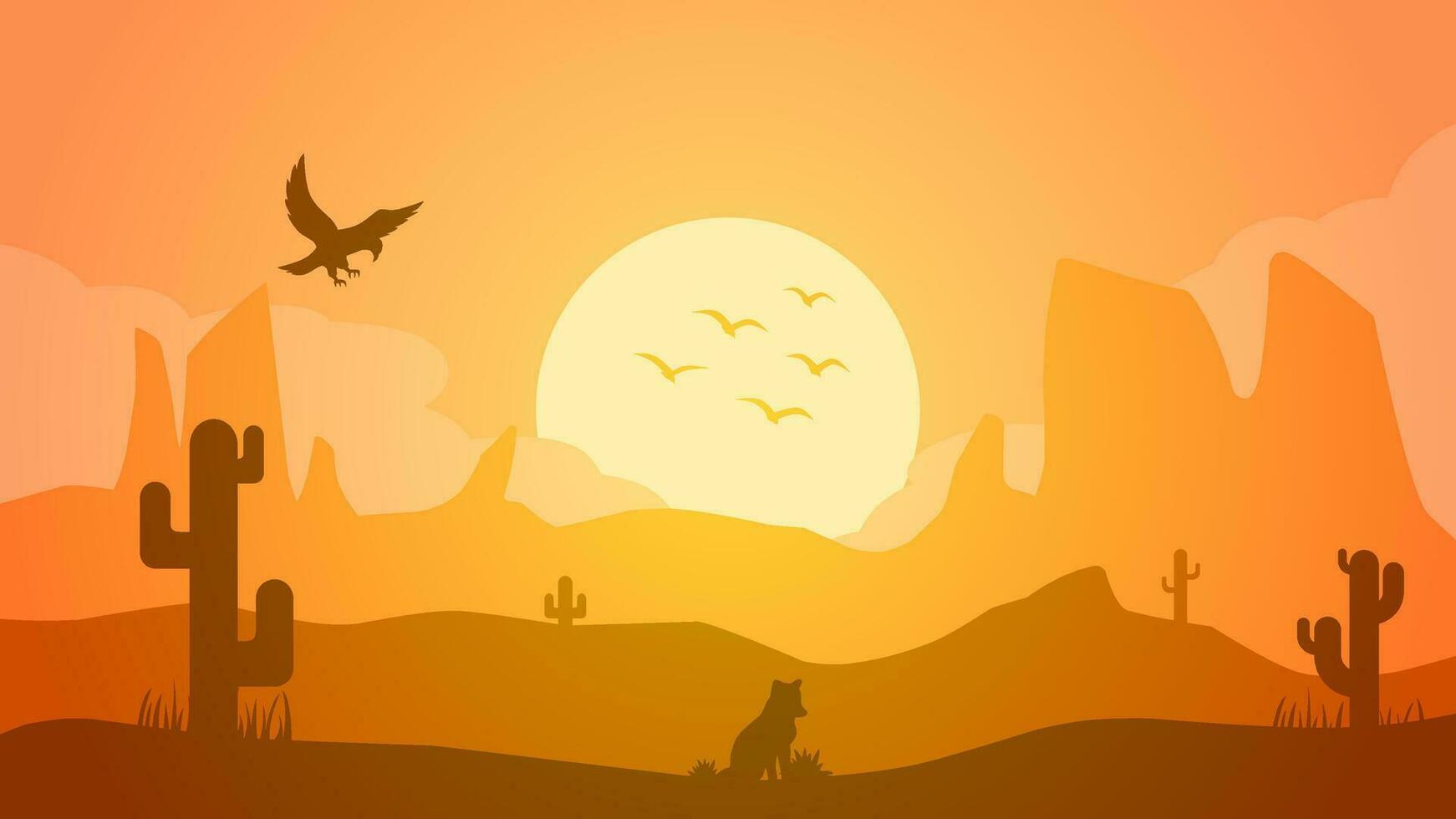 Desert landscape vector illustration. Scenery of rock desert with cactus and flock of birds in sunset. Wild west desert landscape for illustration, background or wallpaper