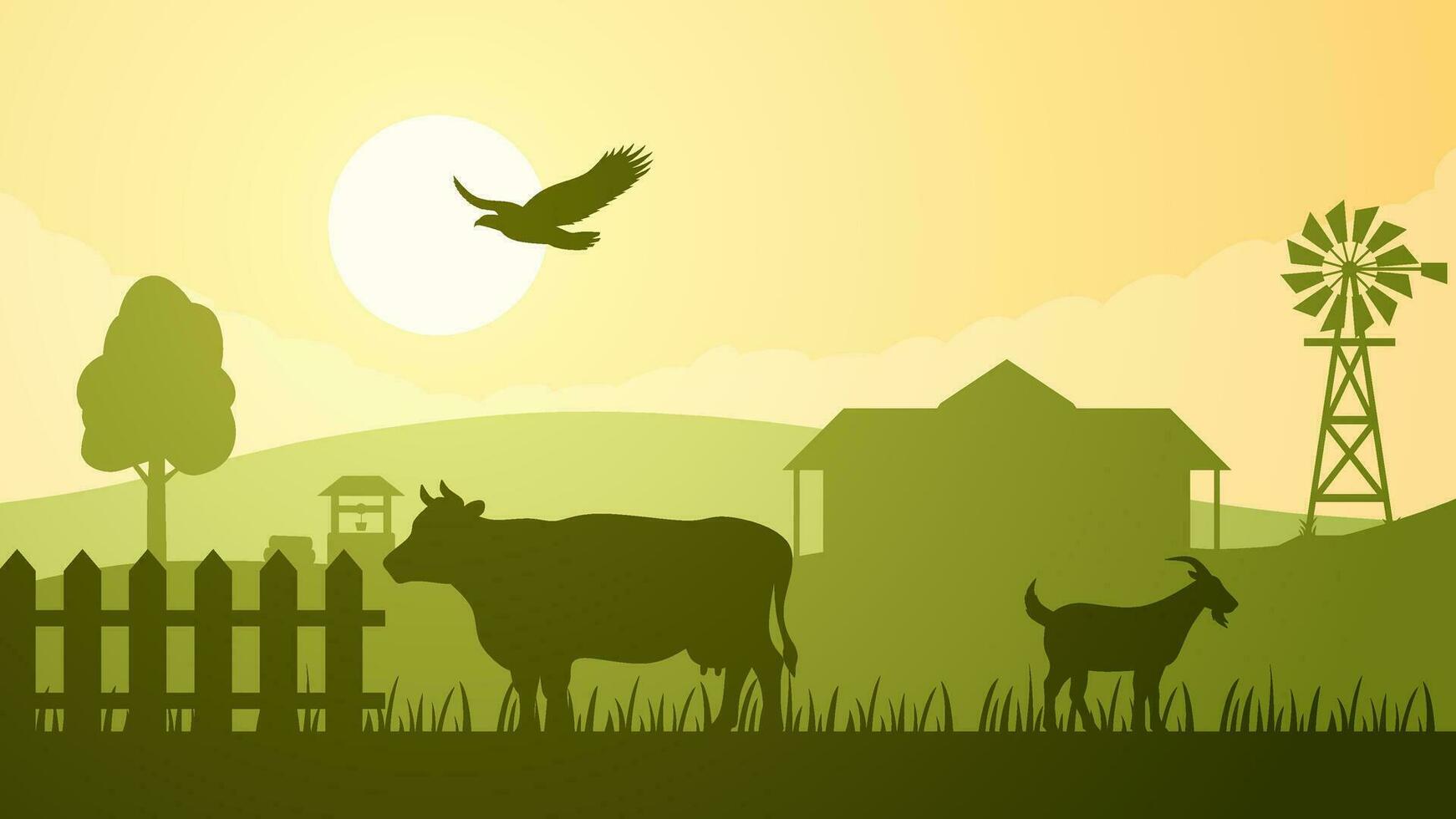 tierras de cultivo silueta paisaje vector ilustración. paisaje de ganado vaca y cabra en el campo granja. rural paisaje para ilustración, antecedentes o fondo de pantalla