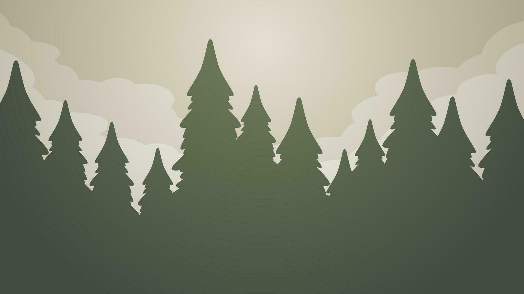 Pine forest landscape vector illustration. Scenery of coniferous forest in the morning with cloudy sky. Pine forest landscape for background, wallpaper or illustration