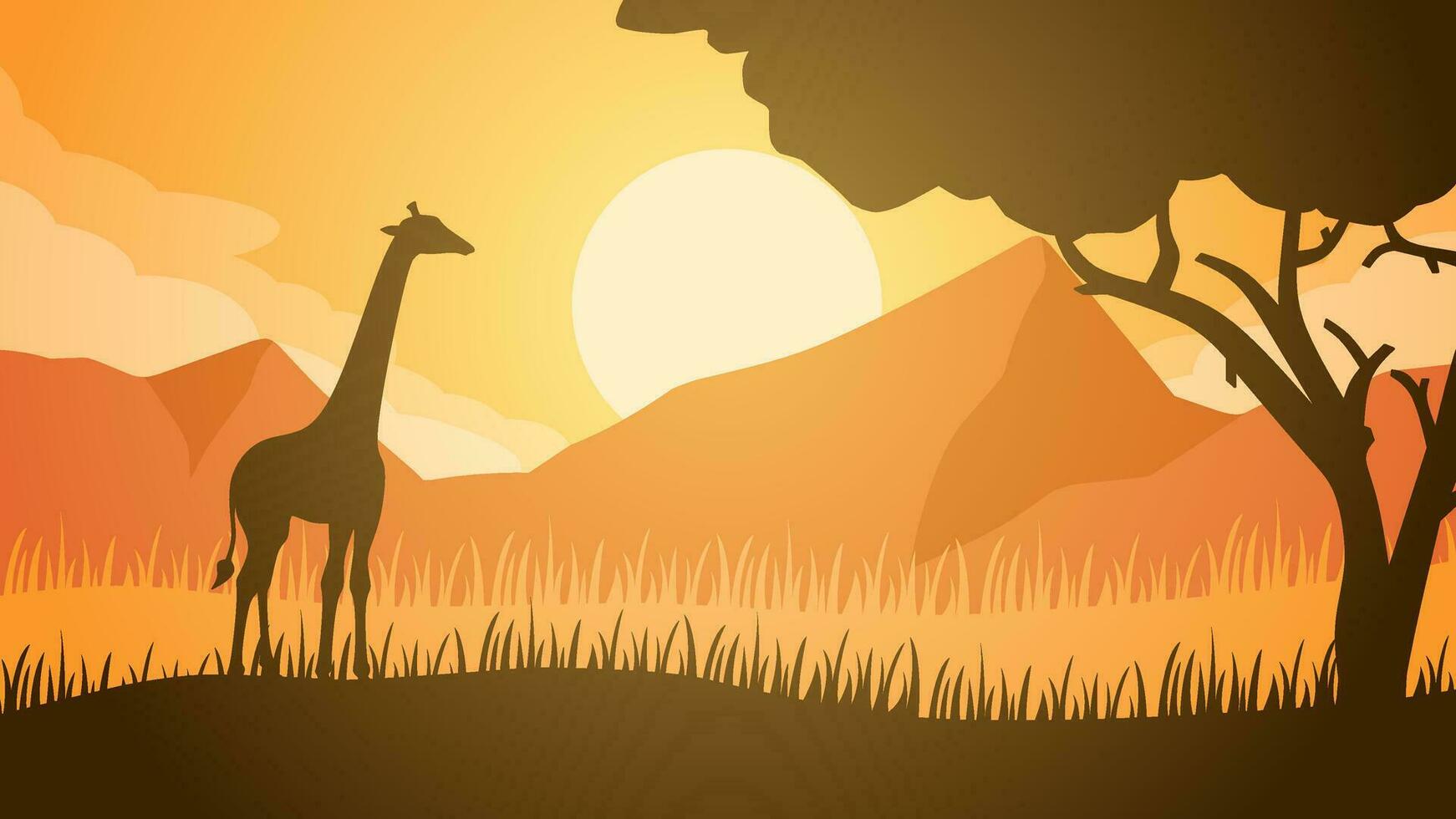 Savanna giraffe landscape vector illustration. Scenery of giraffe silhouette and african tree with sunset sky. Giraffe wildlife landscape for illustration, background or wallpaper