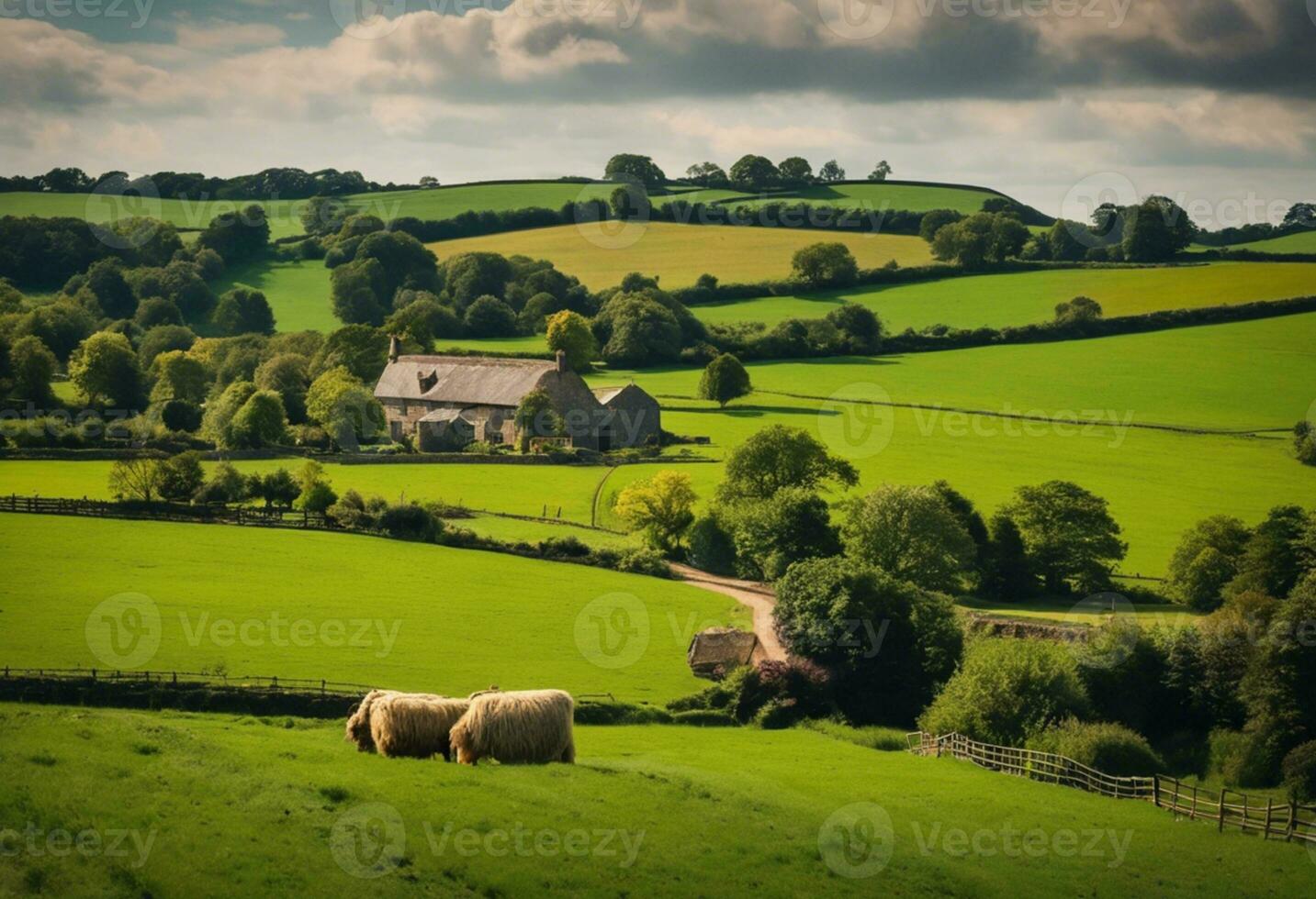 AI generated Serenity in the English Countryside A Glimpse into Rural Farm Life photo