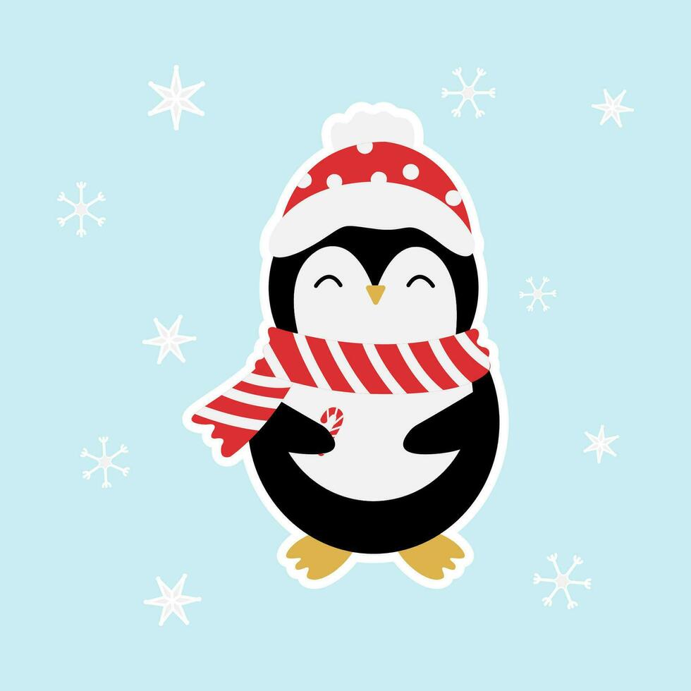 a penguin wearing a scarf and hat on a blue background with snow in christmas eve vector illustration