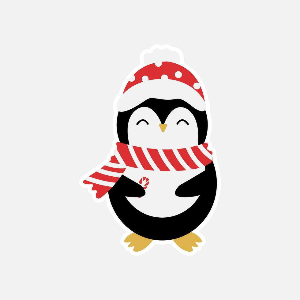 a penguin wearing a red scarf and hat in christmas. Vector illustration