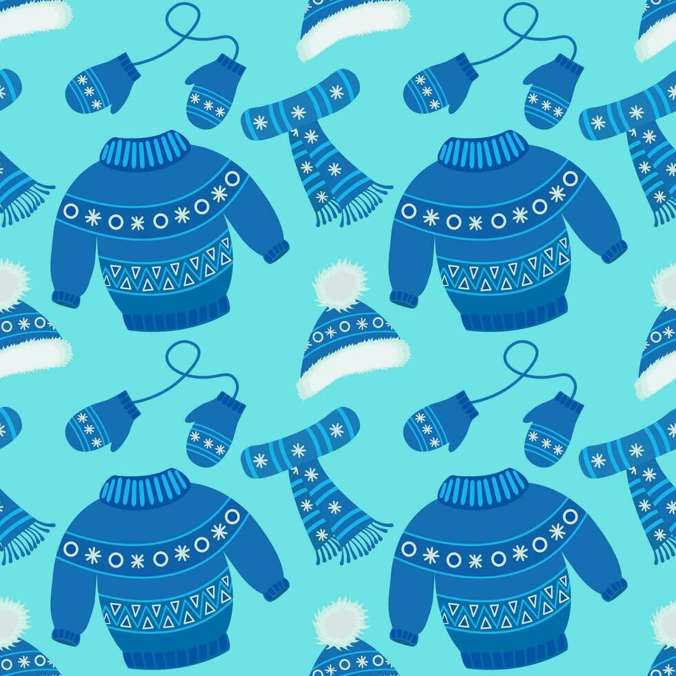 Vector pattern with winter clothes. Children's warm winter clothes for walking. Knitted hat, sweater, scarf, gloves with jacquard pattern and pompoms. Vector set of blue color.