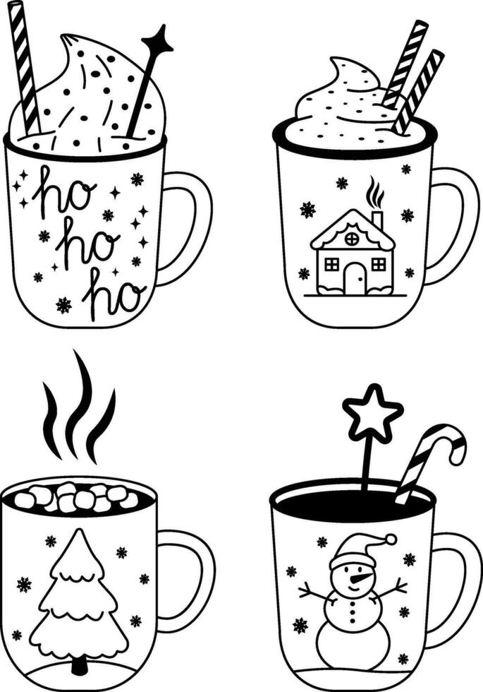 Navidad conjunto de caliente bebidas en hermosa tazas un dibujado a mano Navidad bosquejo. festivo cacao con Malvaviscos, un taza de caliente chocolate o invierno café. vector ilustración.