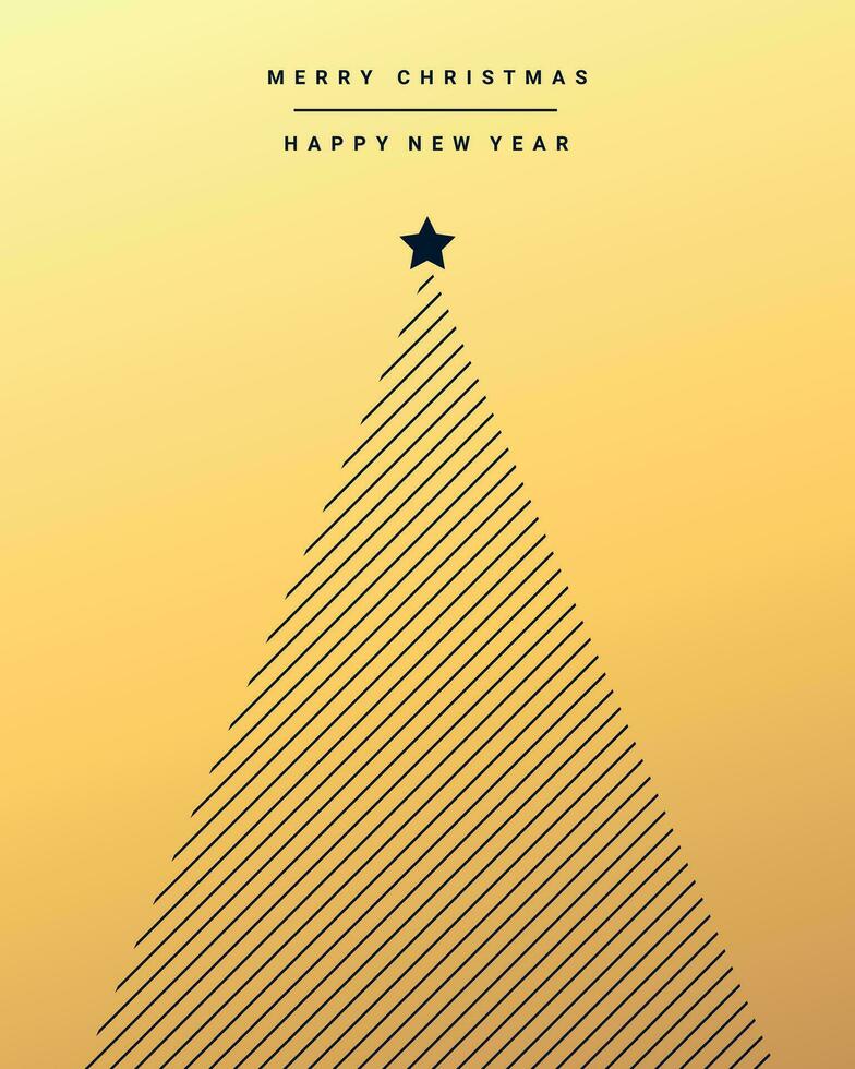 Christmas and New Year greeting card with Christmas tree geometric shaped. Minimal design in dark blue and gold gradient colors. Vector illustration
