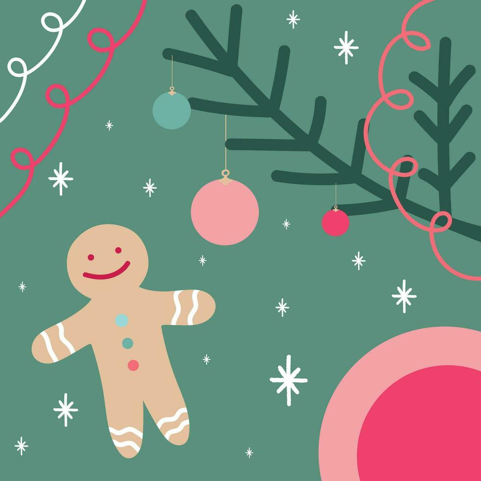 Christmas or New Year background with a gingerbread man and decorations. Vector illustration