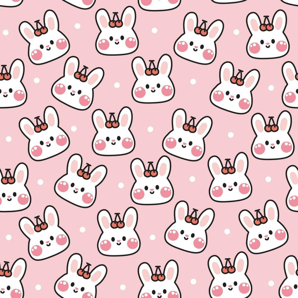 Seamless pattern of cute face rabbit with cherry on pink background.Rodent animal character cartoon desing.Fruit.Bunny.Kawaii.Vector.Illustration.Illustrator. vector