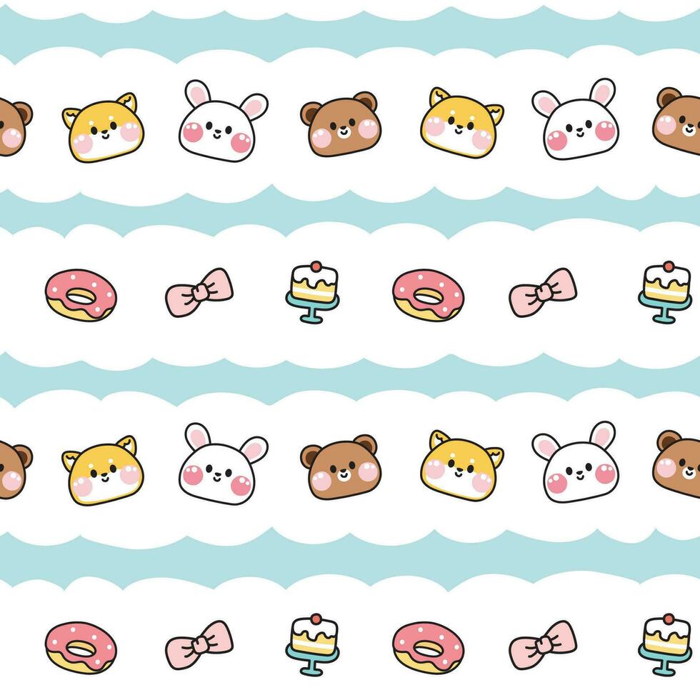 Seamless pattern of cute animals face with tiny icon background.Donut,bow,cake,cloud hand drawn.Shiba inu dog.Rabbit.Teddy bear.Kawaii.Vector.Illustration.Illustrator. vector