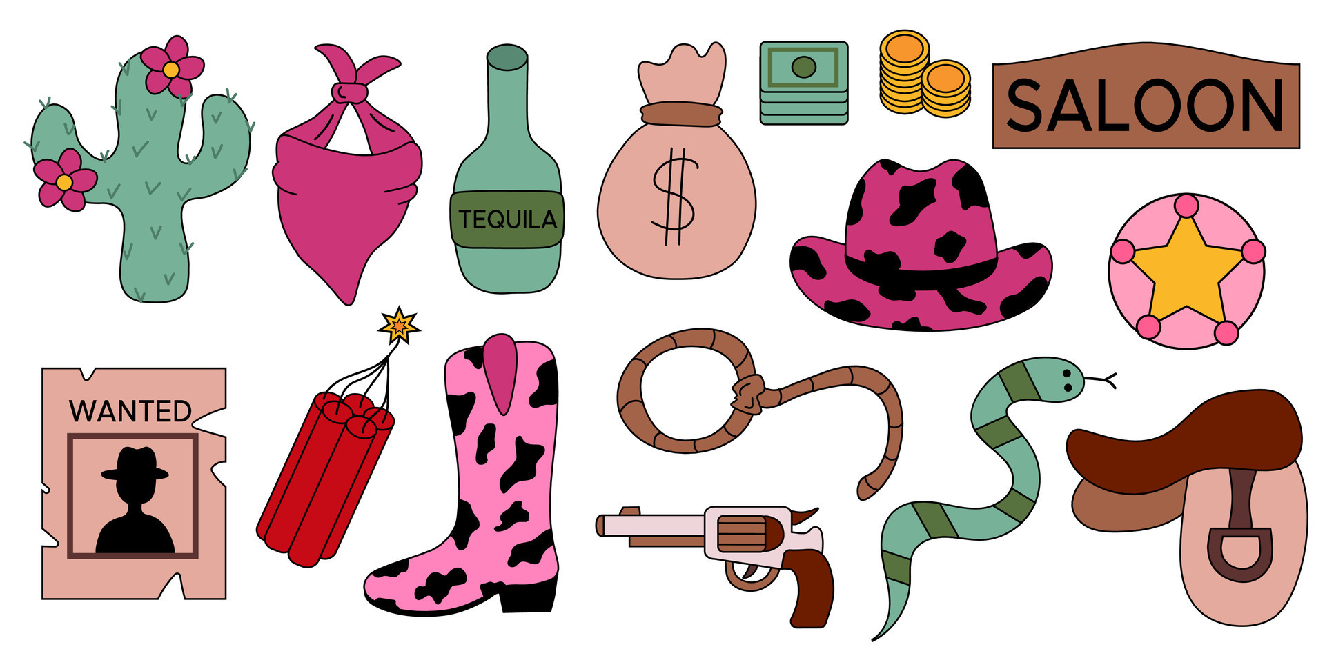 Collection of retro Cowgirl elements. Cowgirl boots, rope, gun, saddle