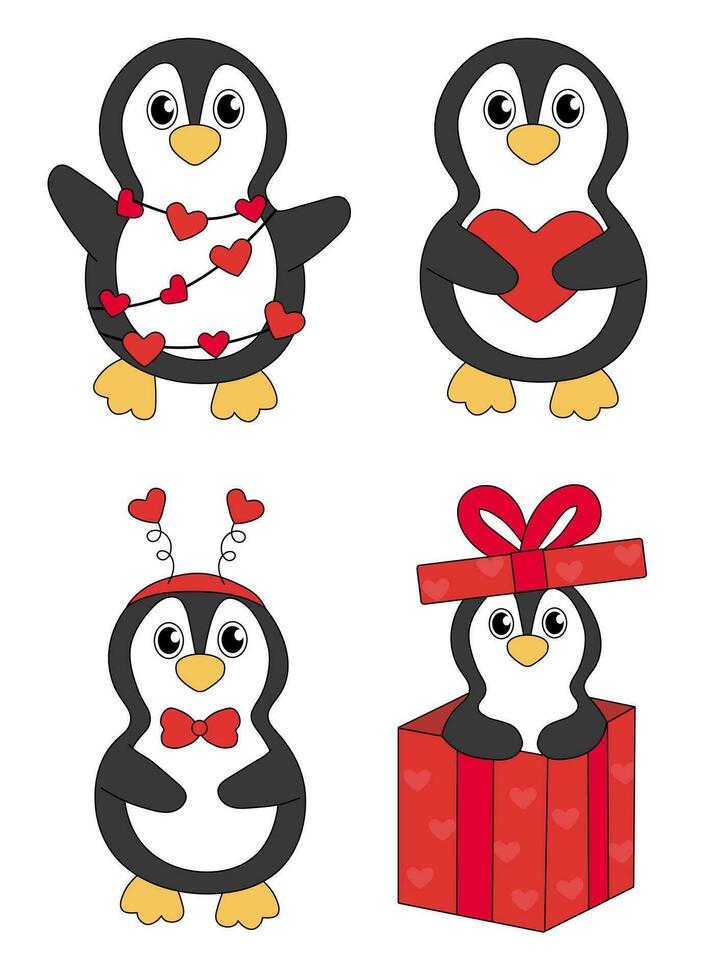 conjunto de dibujos animados enamorado día pingüino caracteres. linda pingüinos en regalo caja, guirnalda, venda y con corazón. vector plano ilustración.