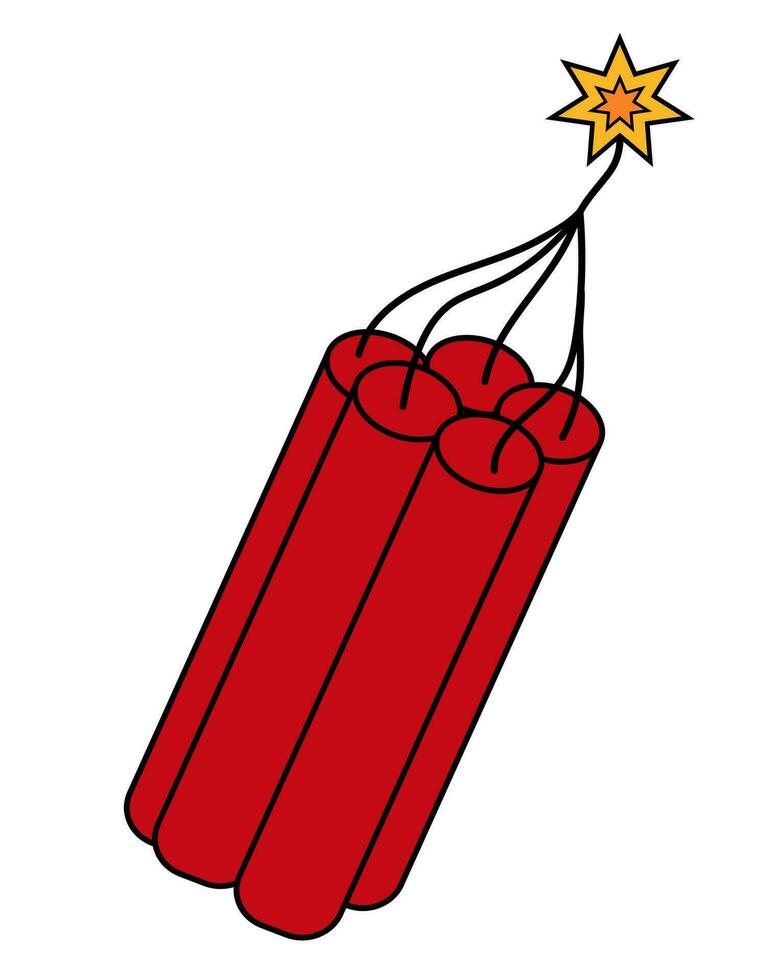 Red bunch of dynamite icon with burning fuse isolated on white background. Vector flat illustration.