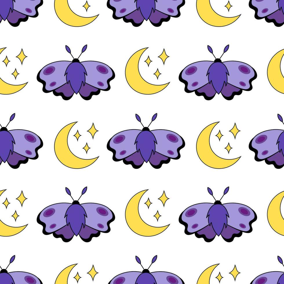 Seamless pattern with Purple Moth, Stars and Moon. Flying magic insect. Vector flat illustration for fabric, texture, wallpaper, poster, postcard.