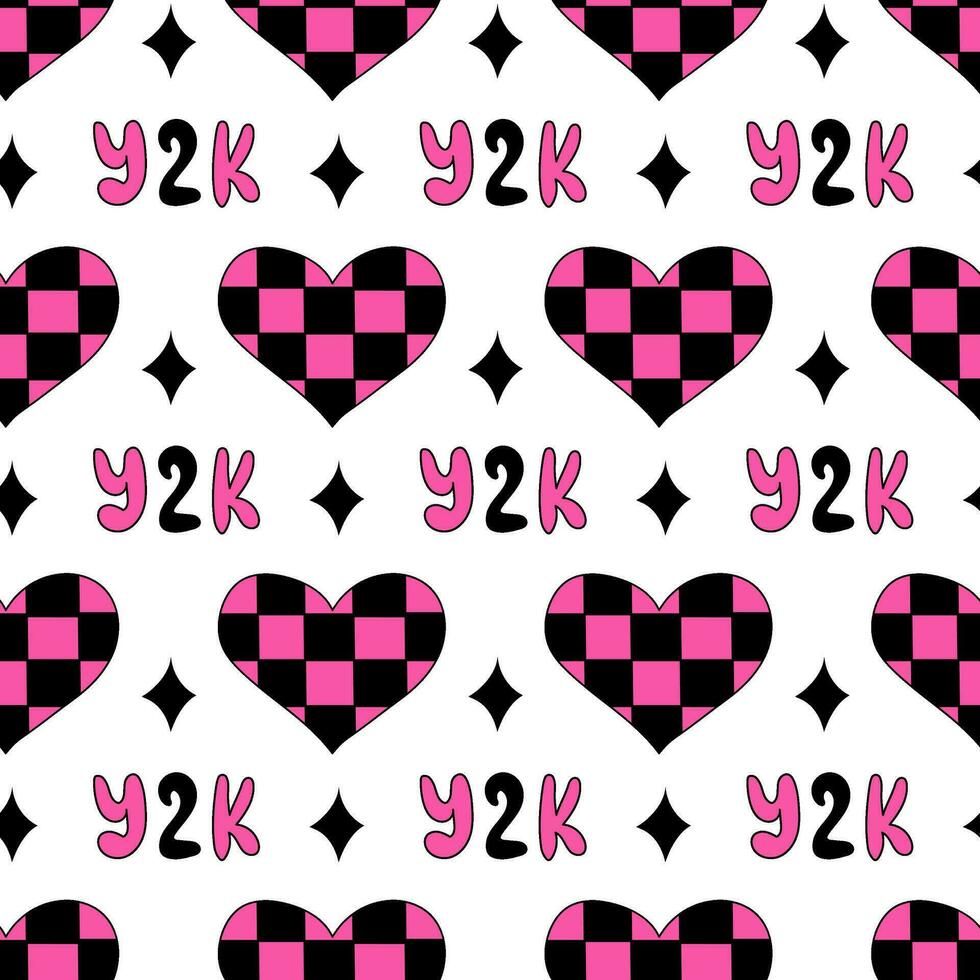sin costura modelo con corazones en tablero de ajedrez, texto y estrellas en emo estilo. y2k. negro y rosado. vector plano ilustración.