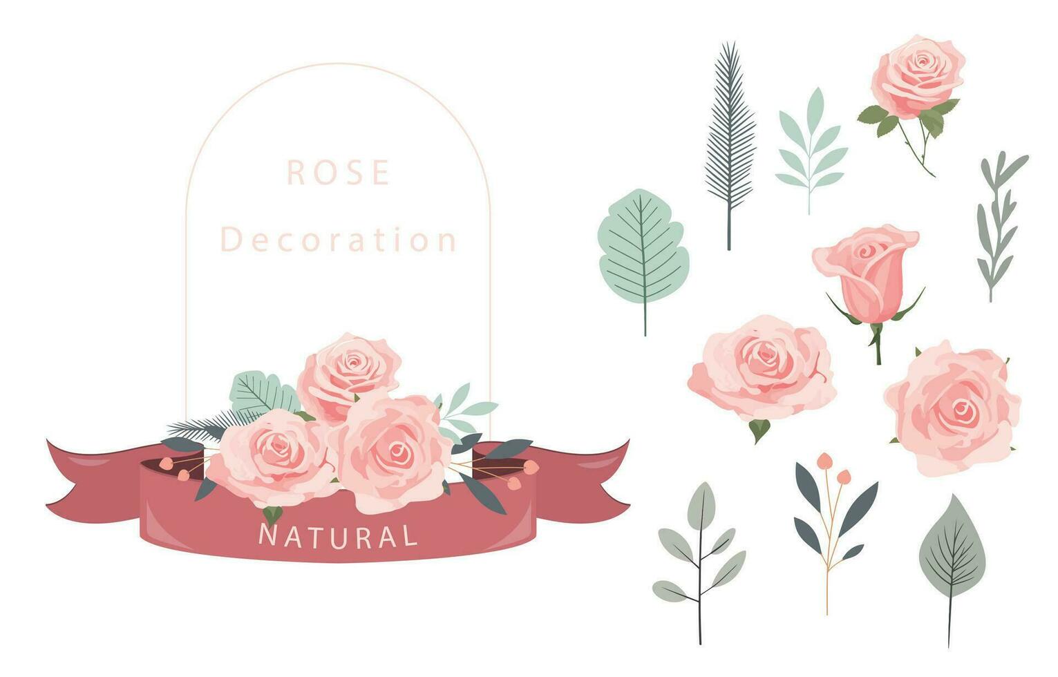 pink rose object element set with leaf.illustration vector for postcard,sticker