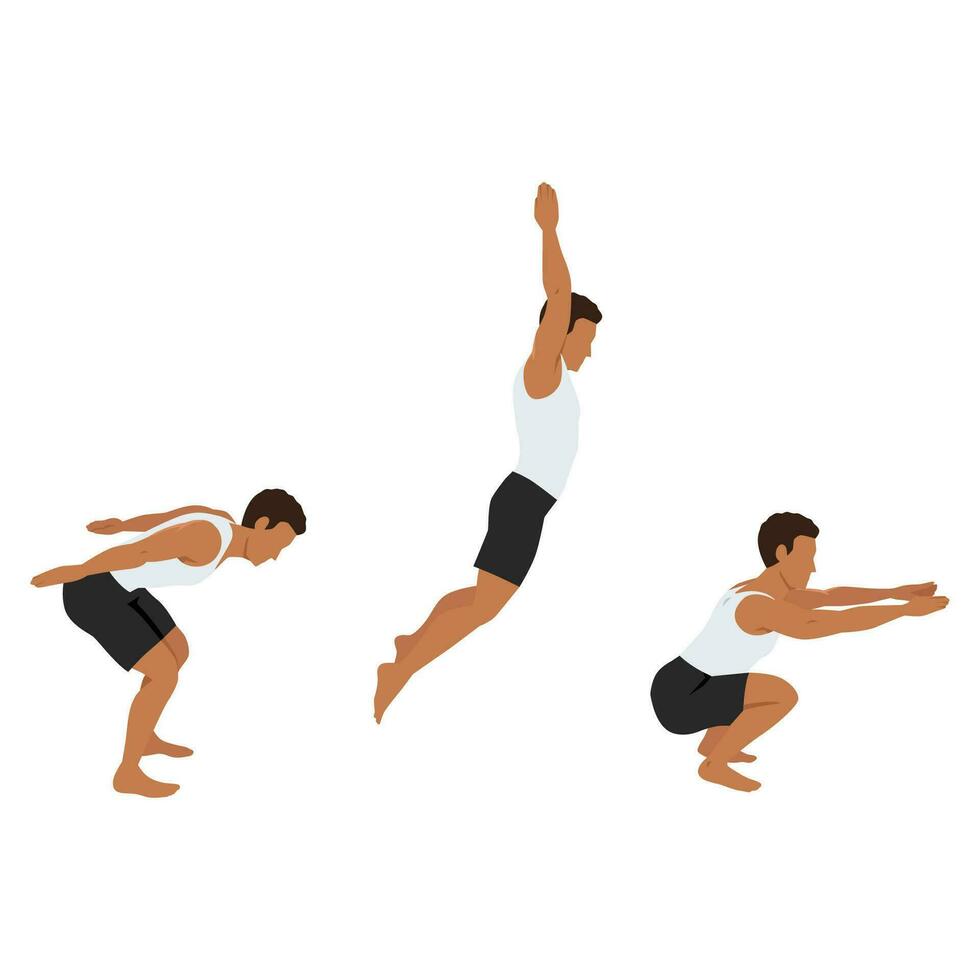 Man doing exercise in standing long jumping postures. Illustration about step by step of fitness pose for good exercise. 35585552 Vector Art at Vecteezy