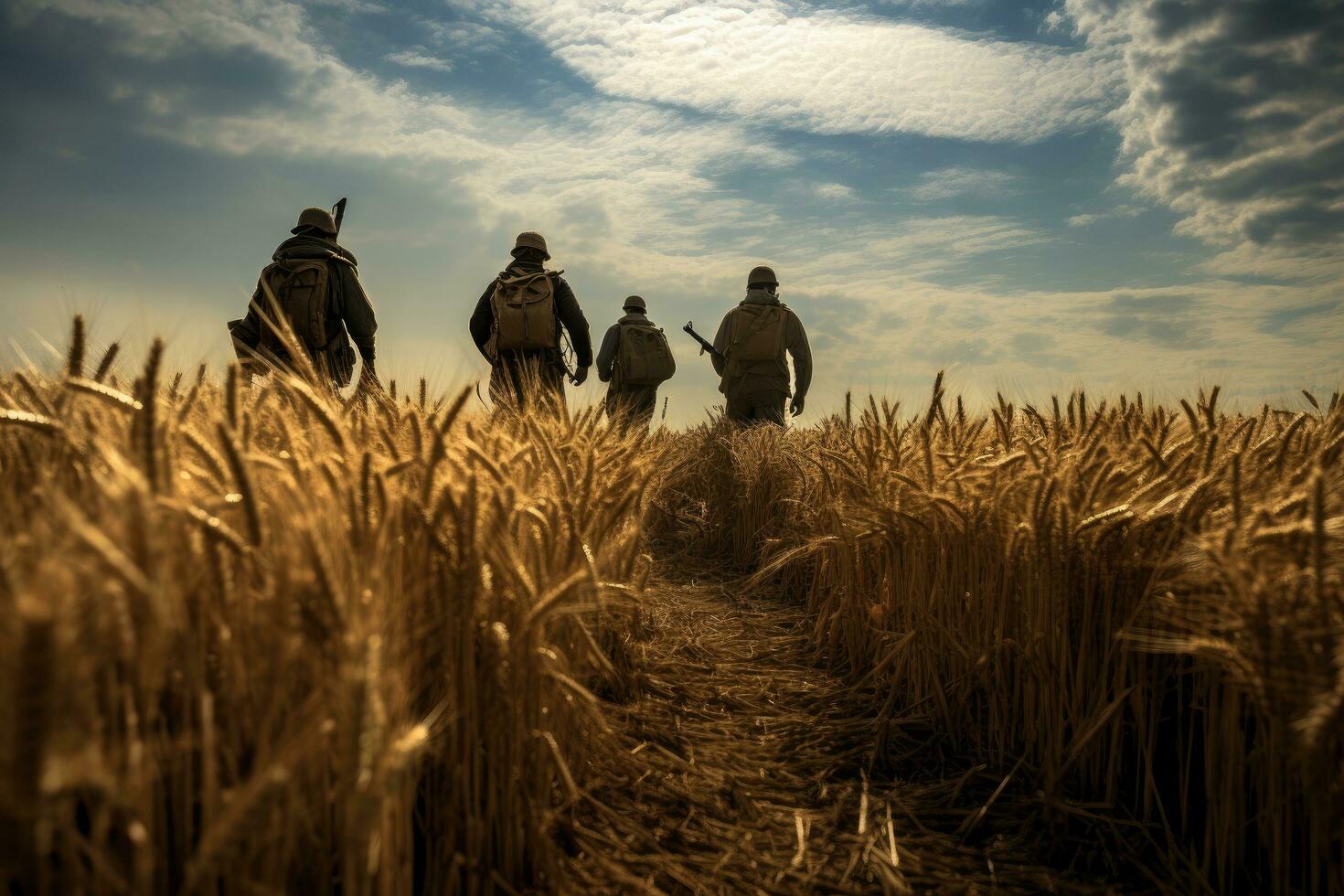 ai generado un grupo de agricultores caminando en un trigo campo en un soleado día, un guardabosque equipo caminando mediante un trigo campo, ai generado foto