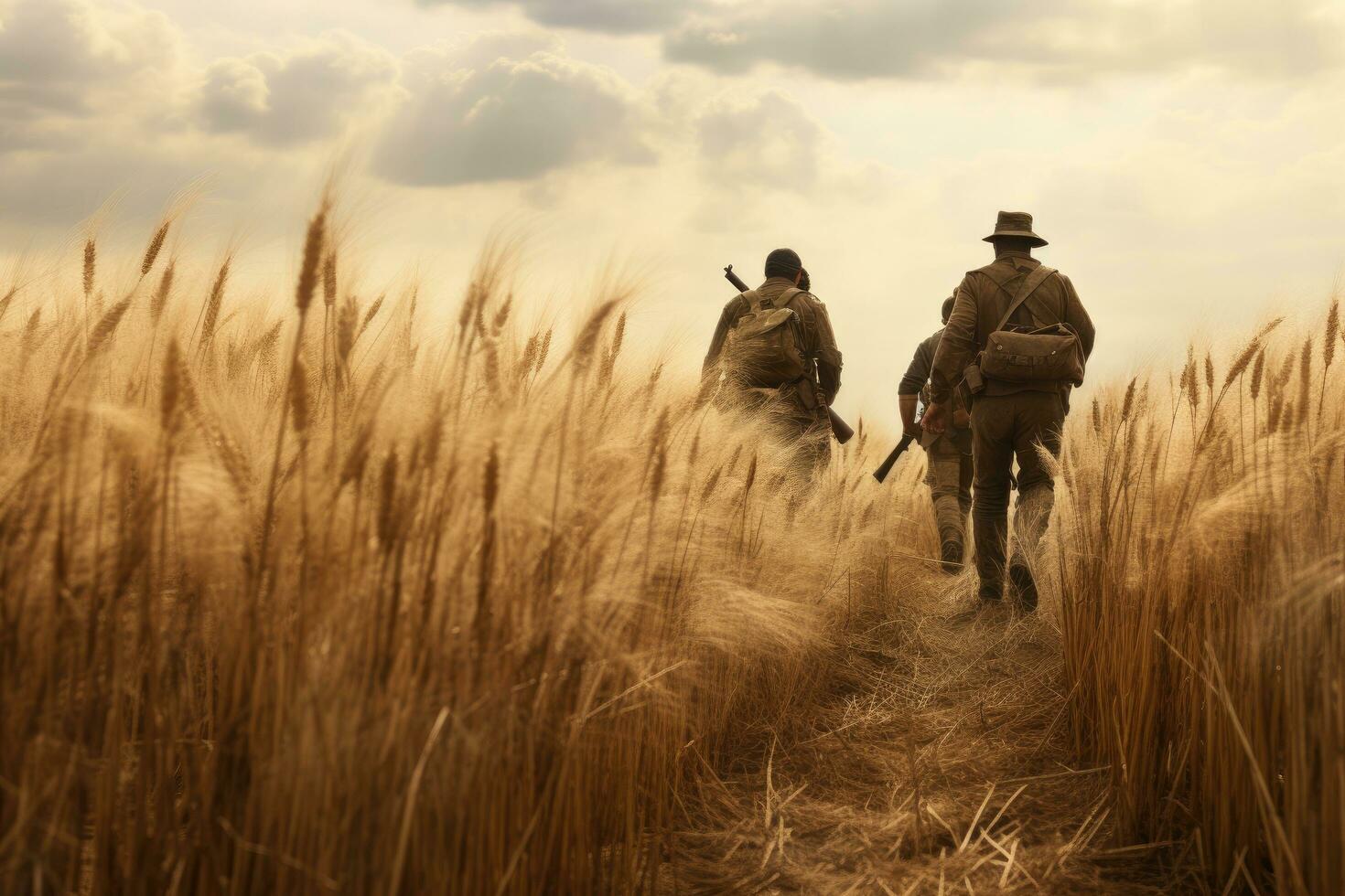 AI generated Members of Red Star history club wear historical German uniform during historical reenactment of WWII in Chernigow, Ukraine, A ranger team walking through a wheat field, AI Generated photo