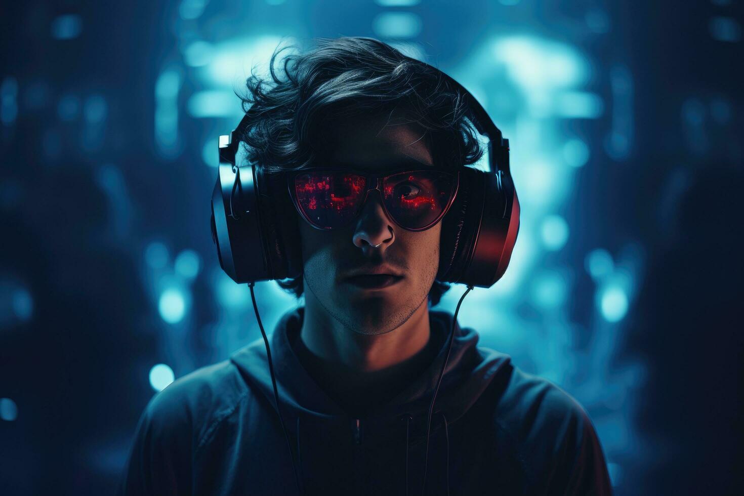 AI generated Portrait of a young man with headphones listening to music on a dark background, A picture of a person using a headset, AI Generated photo