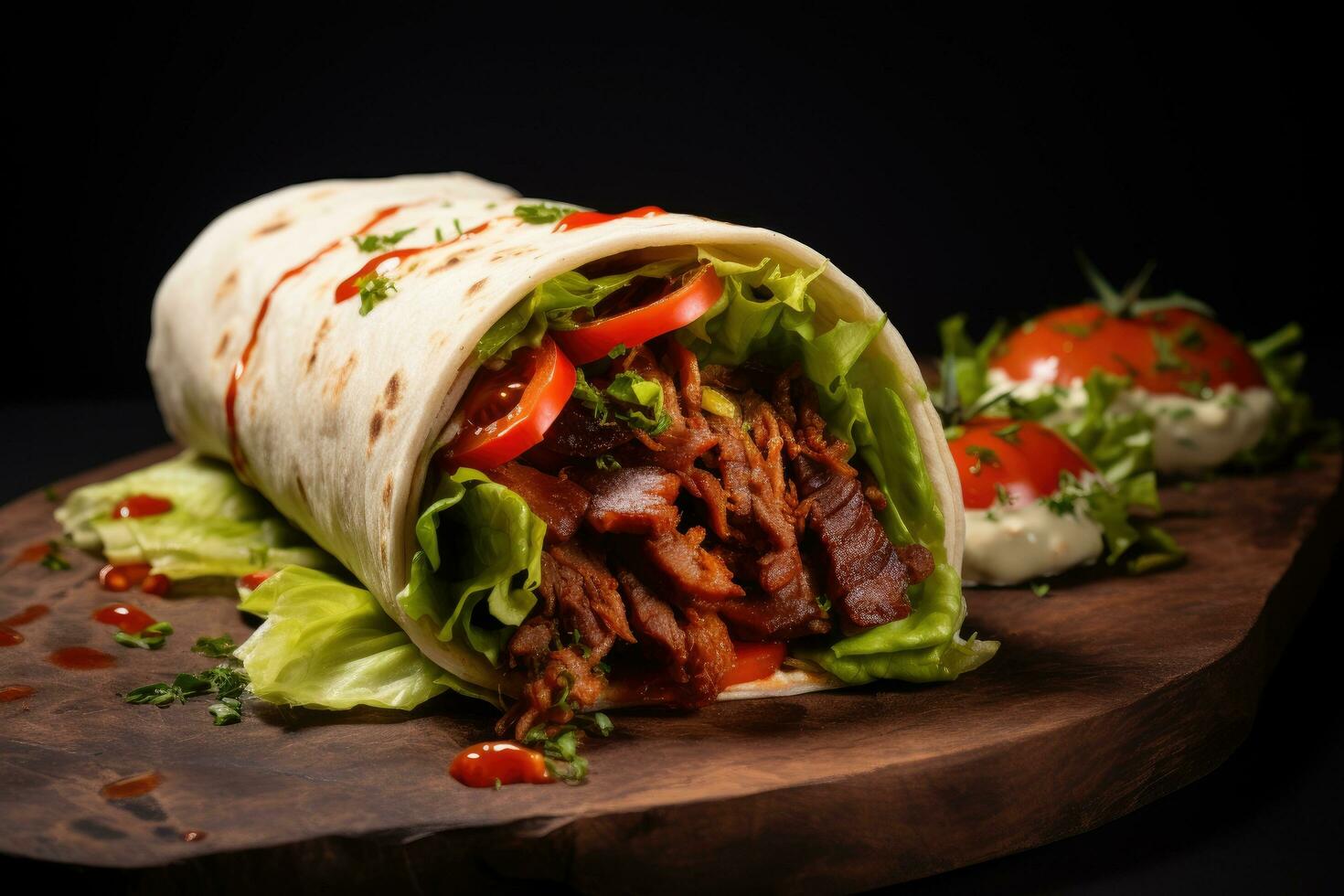 AI generated Doner kebab with meat and vegetables on a wooden board, A table of food including chicken, rice, and other food, AI Generated photo