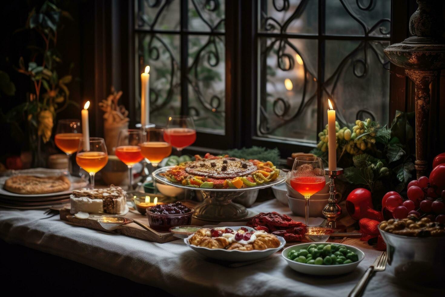 ai generado mesa servido para acción de gracias cena en rústico estilo con azucarado frutas, nueces y galletas saladas, un foto de Navidad mesa con alimento, ai generado