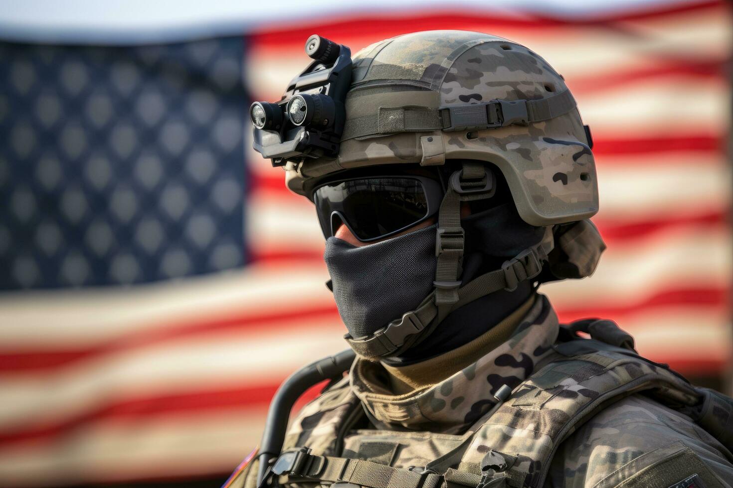 AI generated United States Marine Corps soldier in helmet and goggles on the background of the American flag, A soldier wearing a modern helmet and equipment, side view, American, AI Generated photo