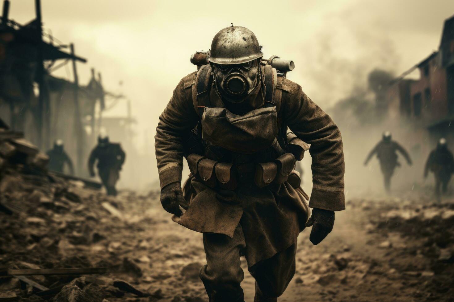 ai generado bombero en un gas máscara y un gas máscara en el fumar, un Clásico soldado corriendo en un campo de batalla con armas, anónimo caras, ai generado foto