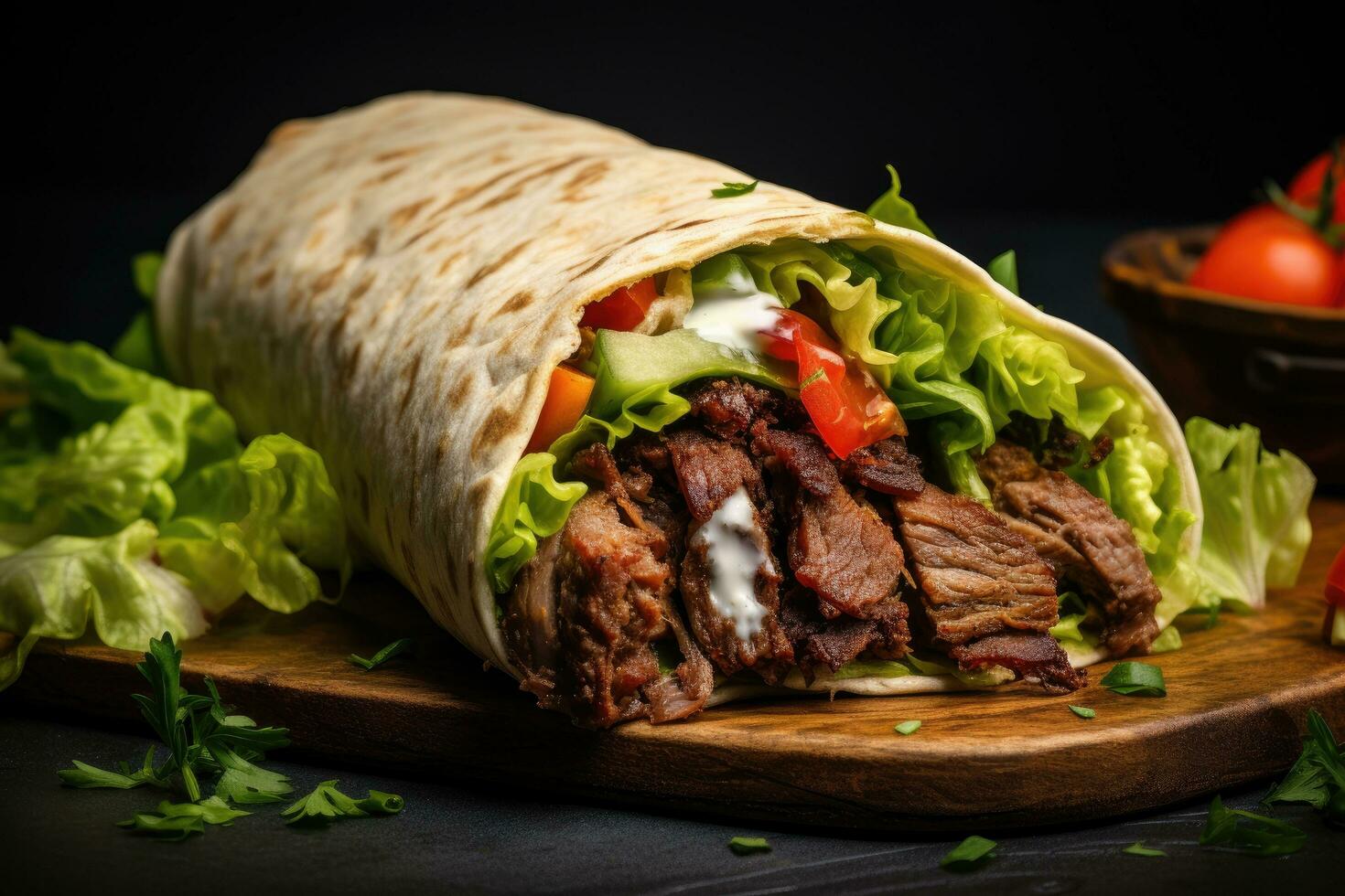 AI generated Doner kebab - grilled meat and vegetables in pita bread, A table of food including chicken, rice, and other food, AI Generated photo