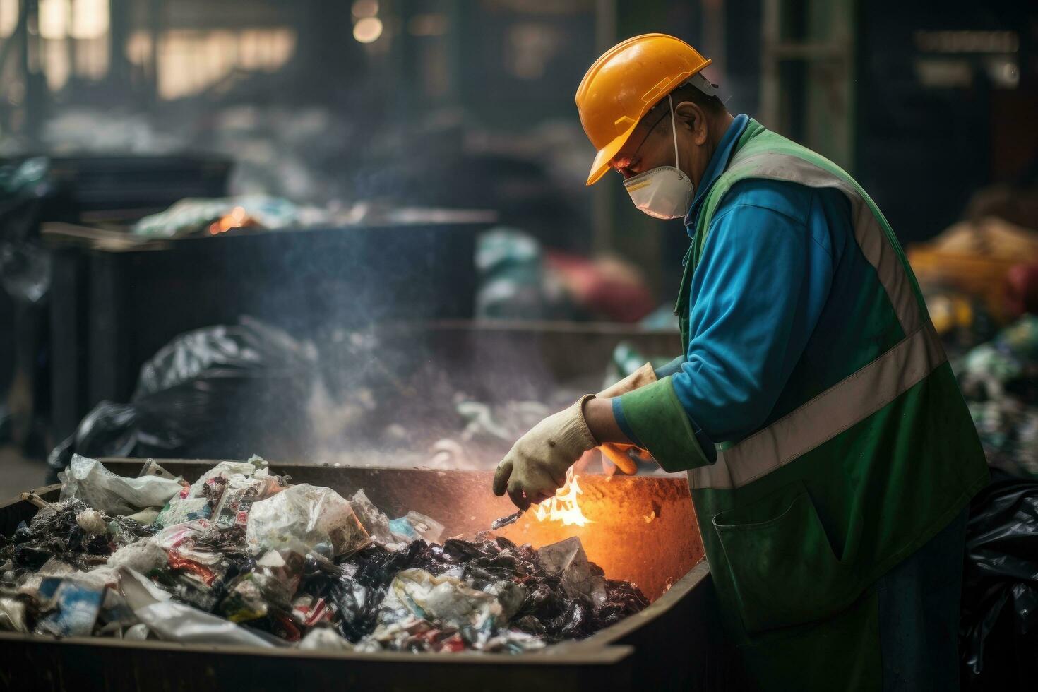 AI generated Worker with protective mask working in a waste incineration plant, A worker at a Recycling Plant Works, AI Generated photo