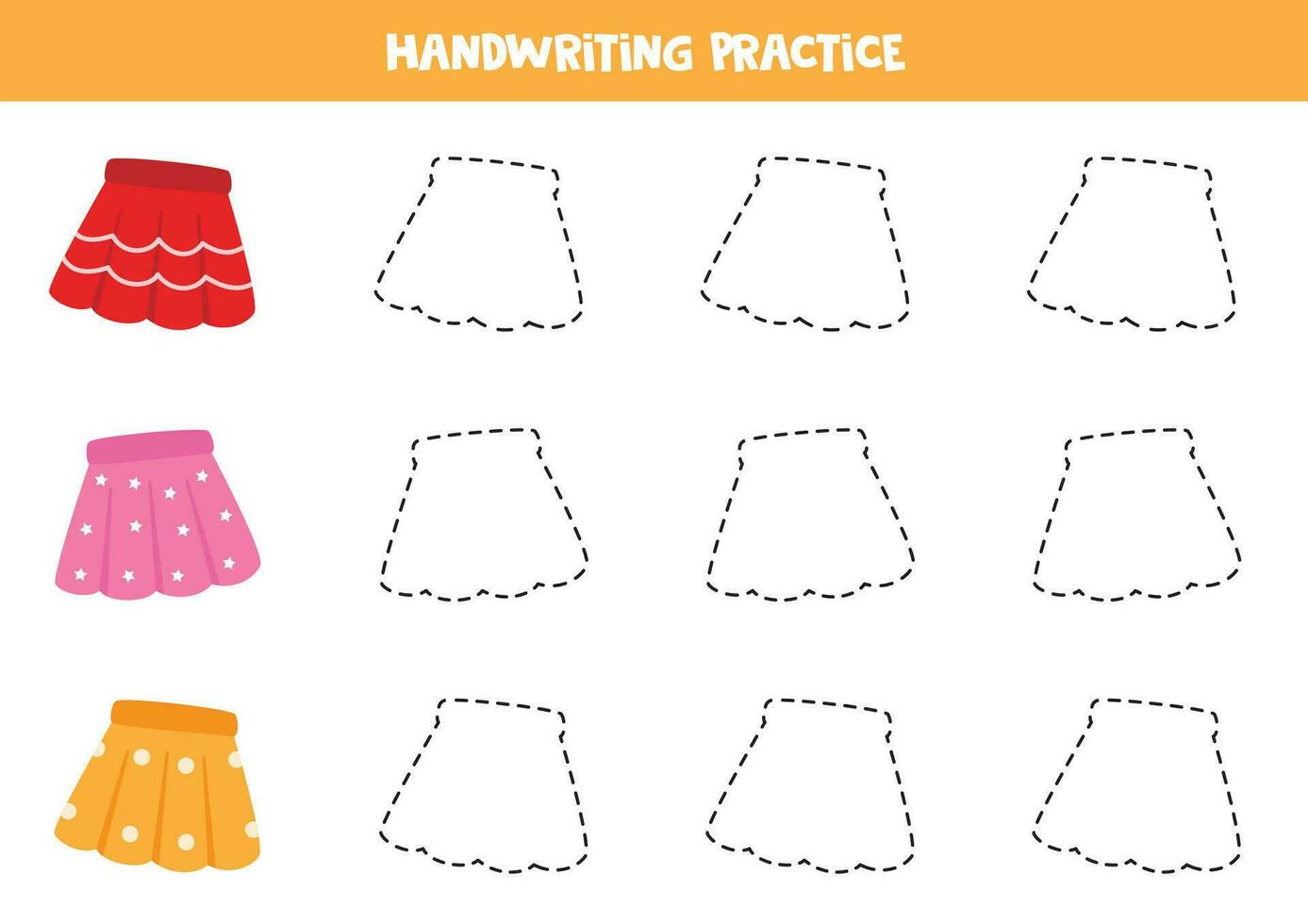Tracing contours for kids. Cute colorful skirts. Handwriting practice. vector