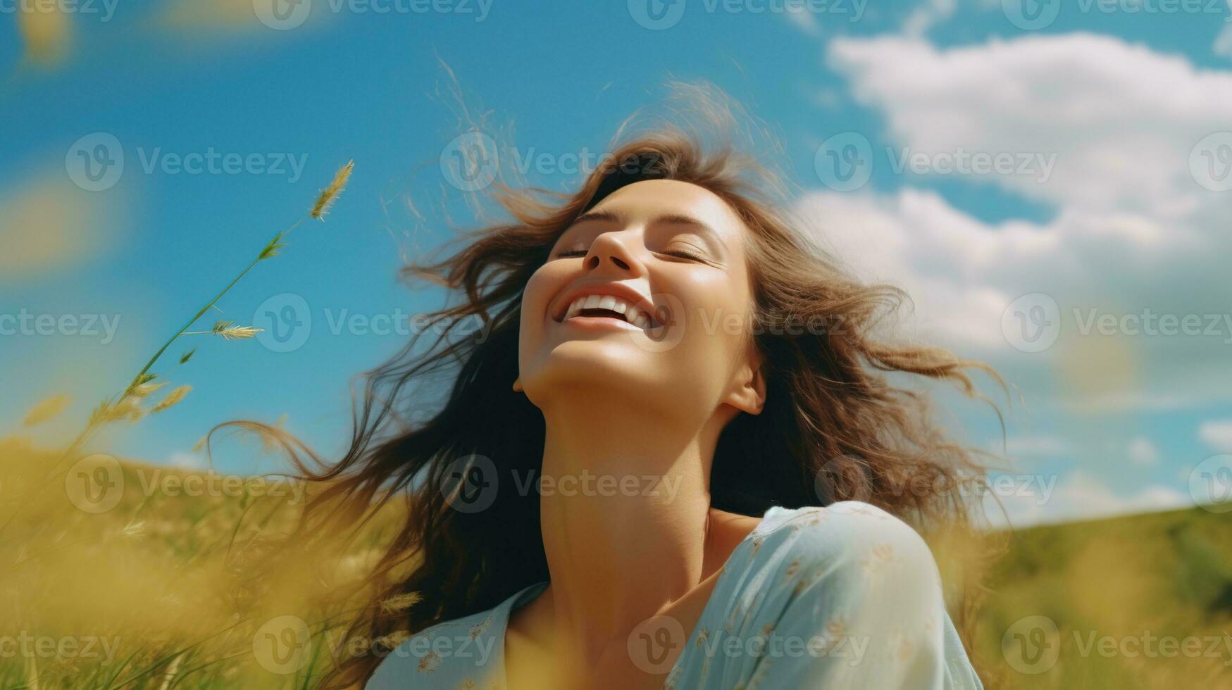 AI generated Calm Happy Smiling Woman with Closed Eyes on the Fields. Free, Peace, Beautiful Moment Concept photo