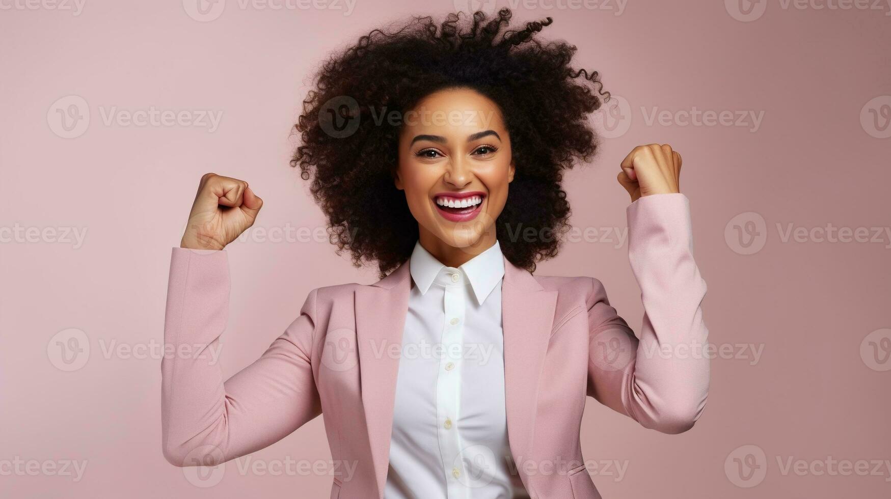 AI generated Successful Cheering Black Businesswoman is Satisfied with the Results. Achievement Win Concept photo