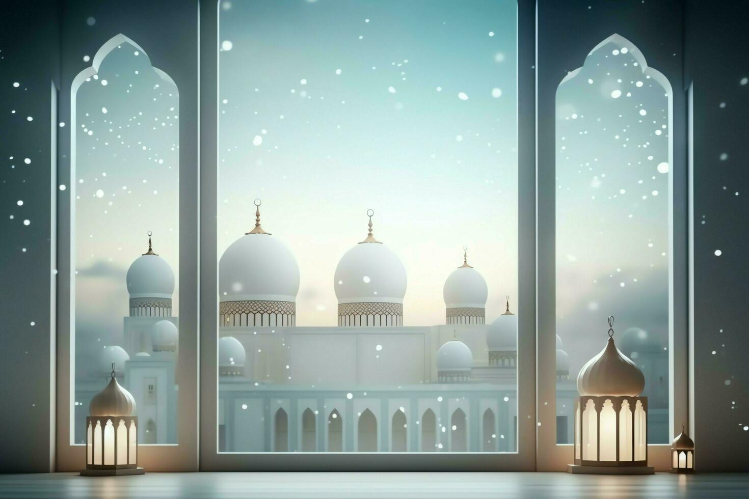 Eid mubarak and ramadan kareem greetings with islamic lantern and mosque. Eid al fitr background. Eid al fitr background of window concept by AI Generated photo