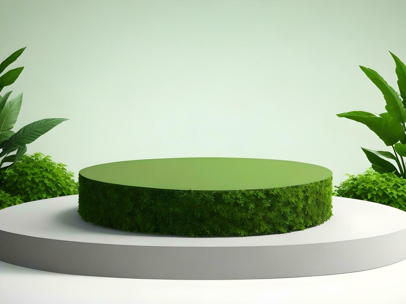 AI generated Empty round stone podium for product display on green foliage background ai generate photo