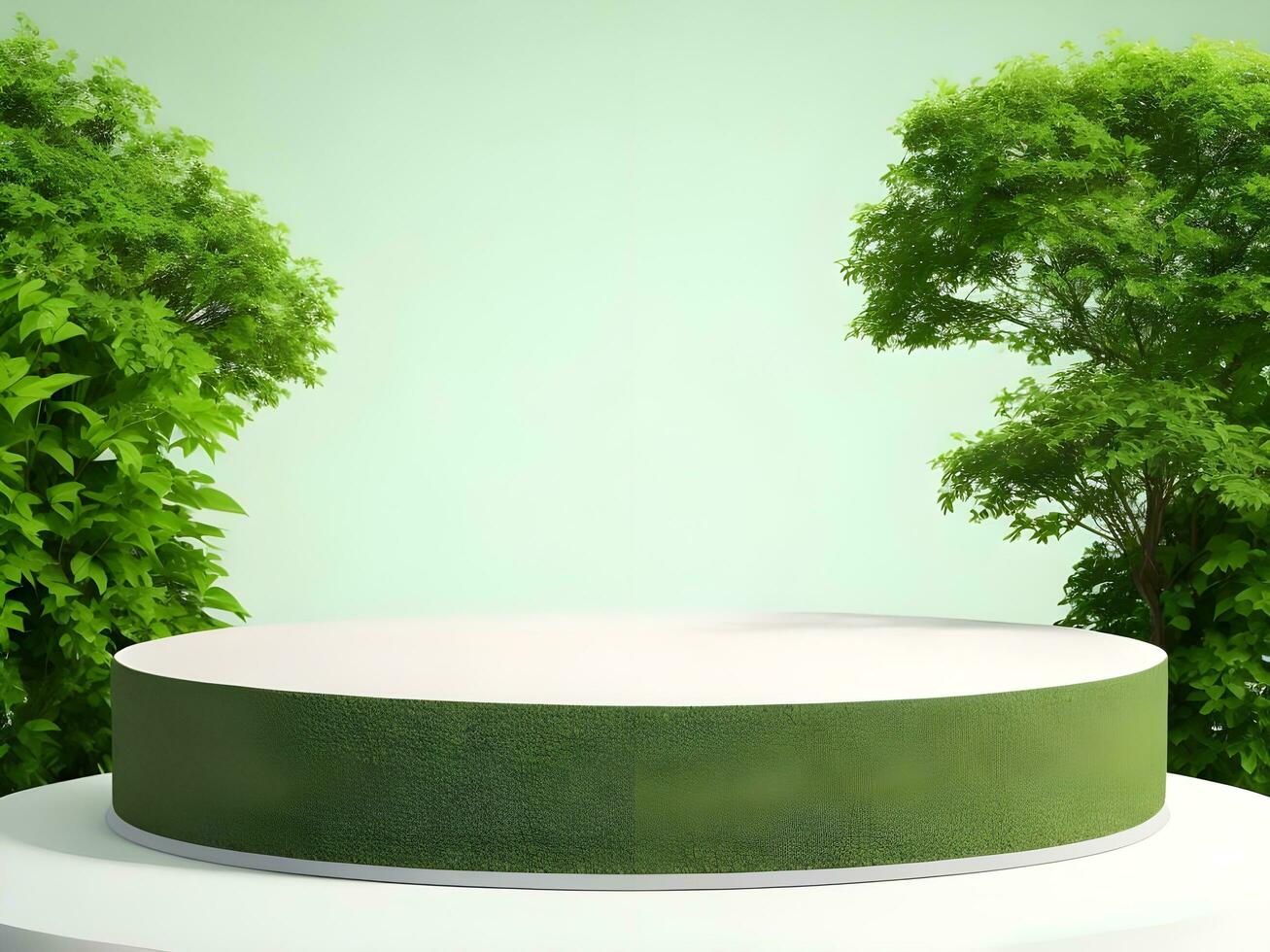 AI generated Empty round stone podium for product display on green foliage background ai generate photo