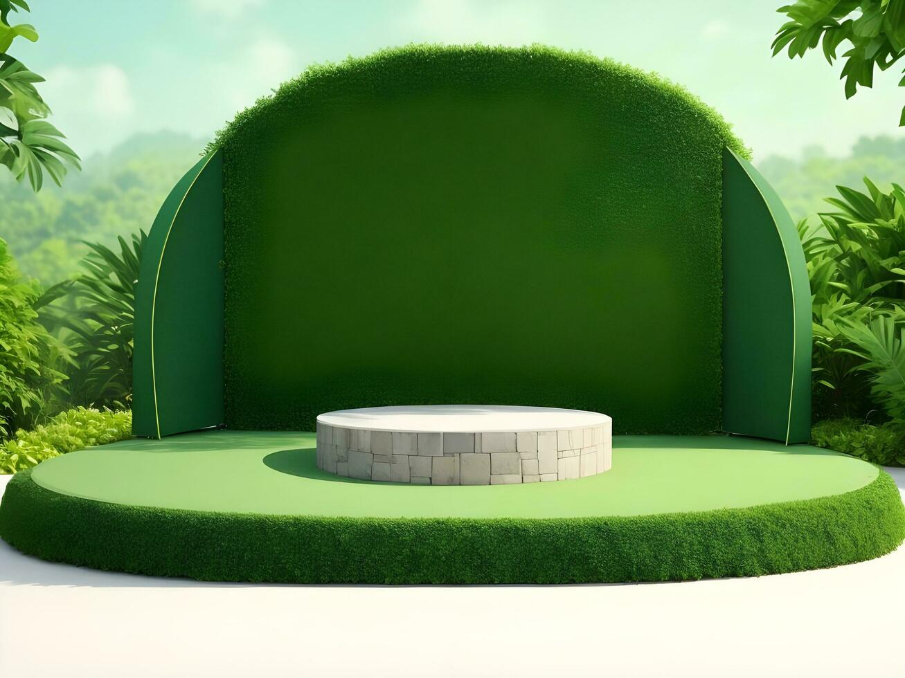 AI generated Empty round stone podium for product display on green foliage background ai generate photo