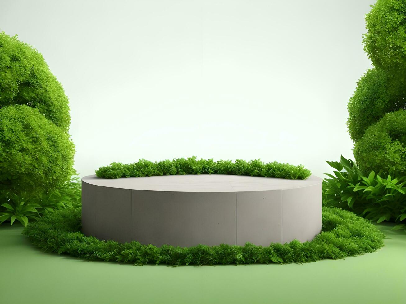 AI generated Empty round stone podium for product display on green foliage background ai generate photo