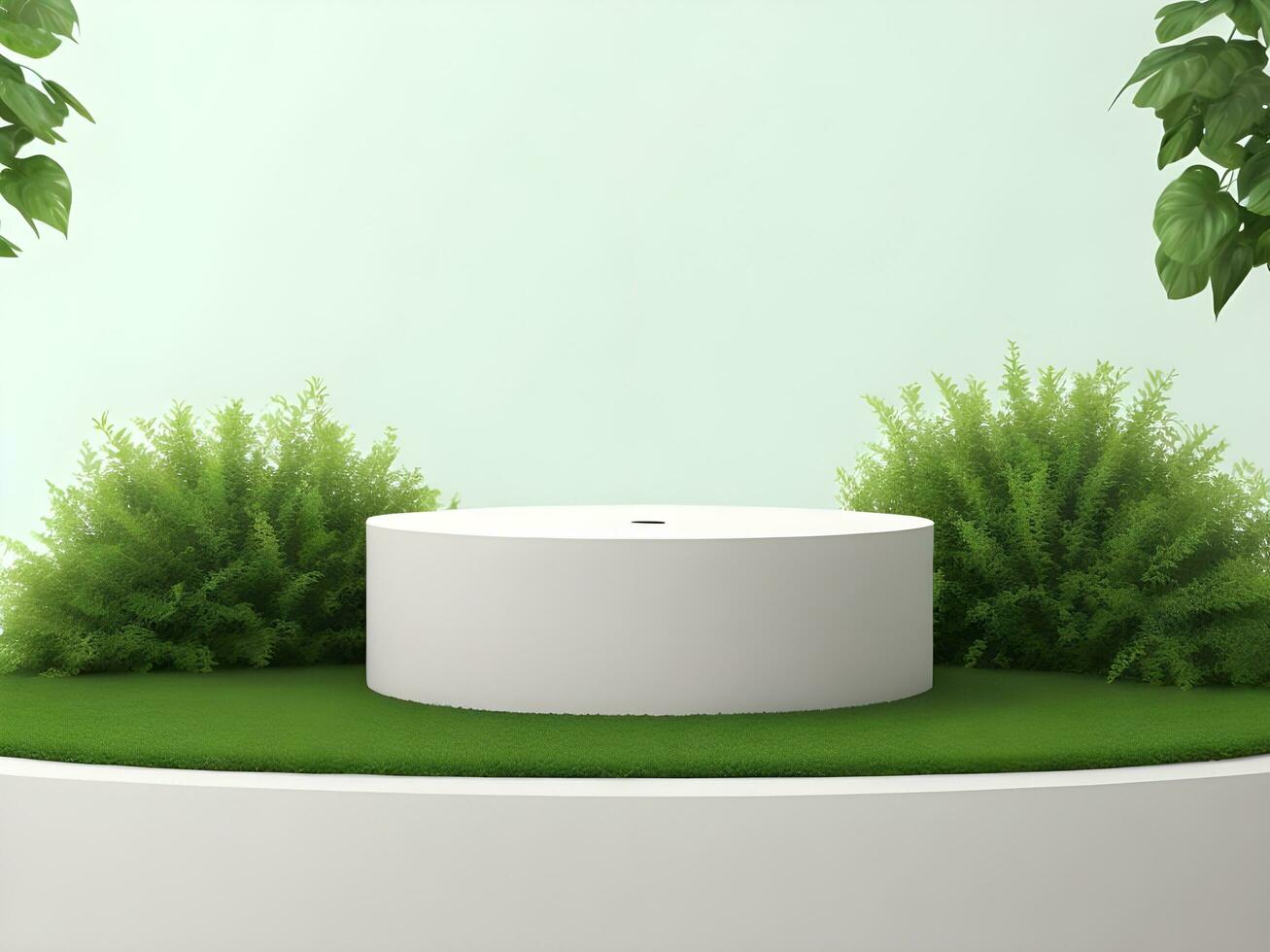 AI generated Empty round stone podium for product display on green foliage background ai generate photo