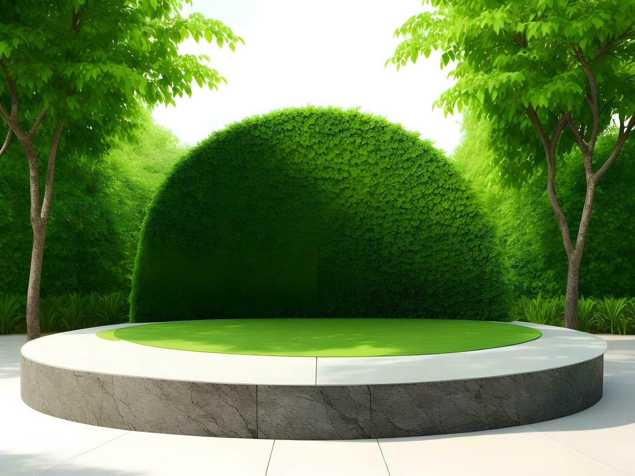 AI generated Empty round stone podium for product display on green foliage background ai generate photo