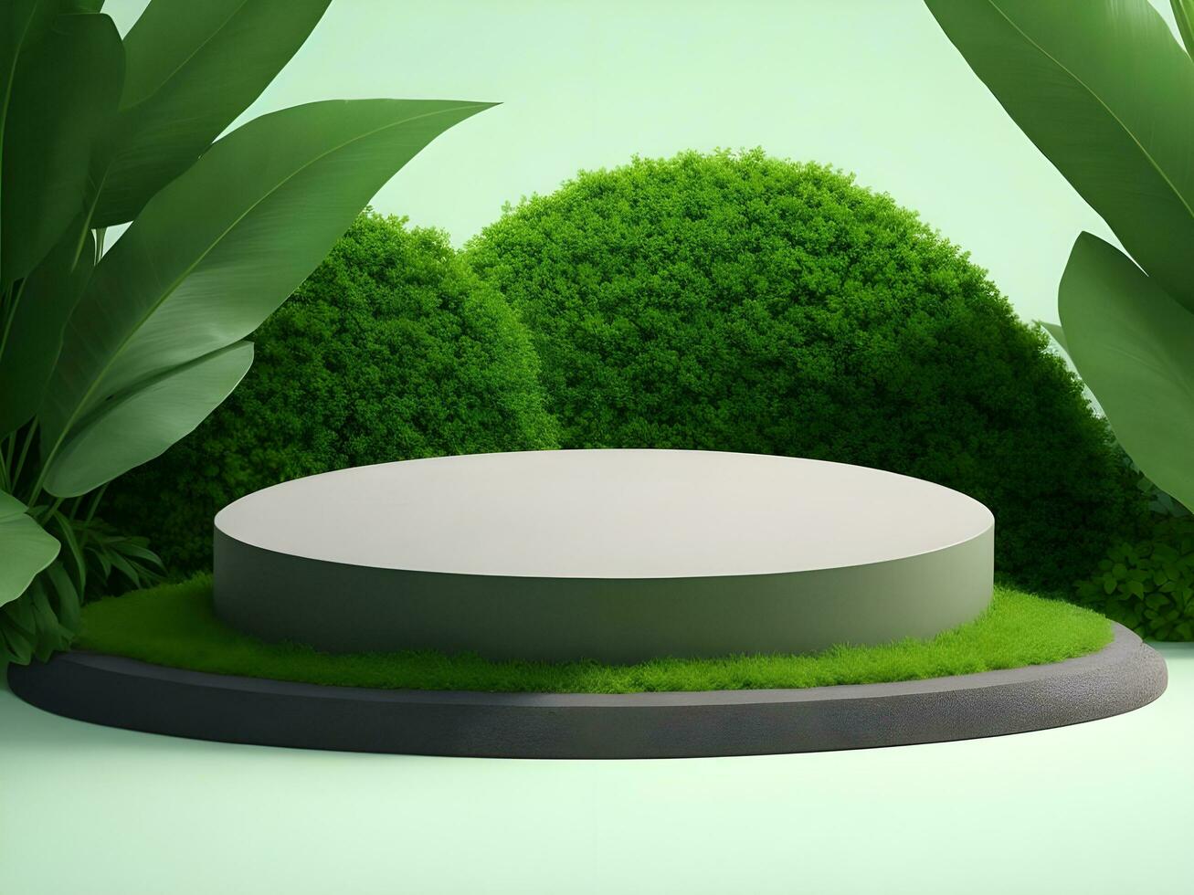 AI generated Empty round stone podium for product display on green foliage background ai generate photo