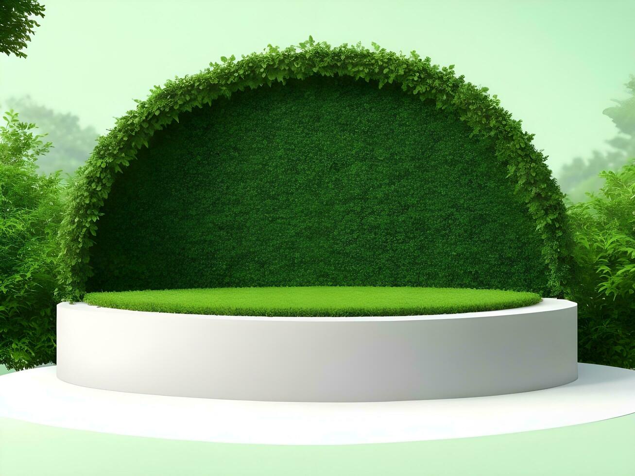 AI generated Empty round stone podium for product display on green foliage background ai generate photo