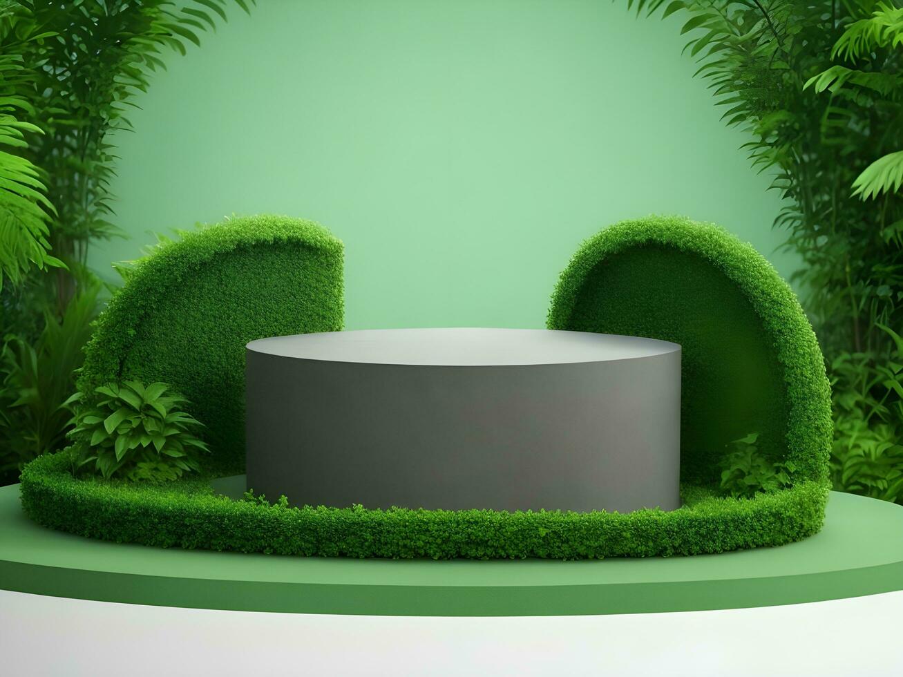 AI generated Empty round stone podium for product display on green foliage background ai generate photo