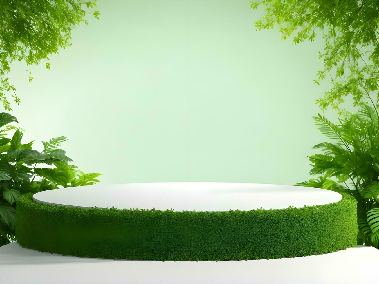 AI generated Empty round stone podium for product display on green foliage background ai generate photo